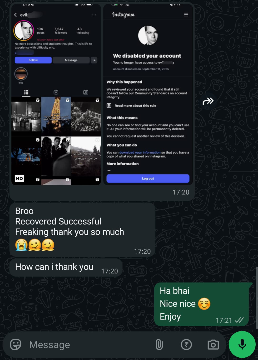Client recovery proof — recovered Instagram account 2
